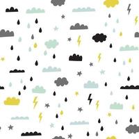 Cute seamless pattern with clouds, rain drops, lightning, stars. Sky vector background in blue, yellow, gray and black. Hipster scandinavian style print design.