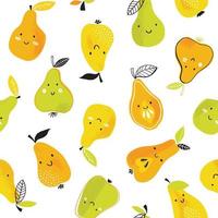 Cute pear vector pattern. Seamless background with colorful fruits with faces.