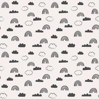 Doodle vector pattern with clouds and rainbows. Abstract sky seamless background.