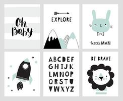 Nursery posters for baby room, cute animals, alphabet and quotes in scandinavian style. Hand drawn vector illustration for prints, cards, apparel.