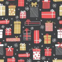 cajas de regalo de navidad vector patrón con copos de nieve. fondo transparente con cajas de regalo. ilustración para tarjetas de felicitación, invitaciones, carteles.