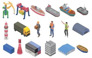 conjunto de iconos de puerto marítimo, estilo isométrico