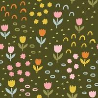 Floral abstract vector pattern. Flowers and geometric doodle shapes spring seamless background. Vintage retro colors.