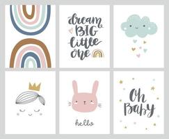 Nursery or kids posters in scandinavian style with hand drawn lettering. Cute hand drawn illustration for baby shower invitation, greeting card. Rainbow, cloud, bunny, prince, dream big little one. vector
