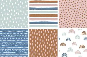 Set of hand drawn vector abstract doodle patterns. Seamless geometric backgrounds. Ink doodles. Rainbow, stripes, dots, rain drops, brush strokes.