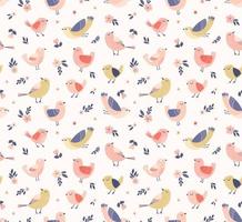 Cute vintage bird pattern with tiny flowers and leaves. Floral background with birds in pastel colors. Hand drawn childish seamless print. Vector illustration.