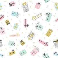 Gift boxes vector pattern in hand drawn doodle style with confetti. Seamless background with presents for birthday party. Illustration for greeting cards, invitations, posters.