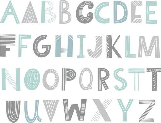 Kids alphabet with hand drawn elements in scandinavian style. Funky letters for posters, nursery, font, letters design. Vector illustration isolated on background.