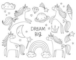 Cute unicorns coloring page. Cartoon unicorns and magical elements in black and white outlines. Vector illustration for girl birthday party, nursery posters.