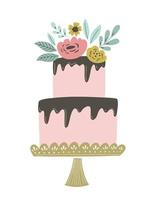 Wedding cake vector illustration with chocolate frosting and floral decoration. Retro vintage wedding or birthday cake for invitations, greeting cards and other.