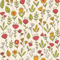 Floral vector pattern. Hand drawn doodle flowers and leaves. Vintage retro seamless background.