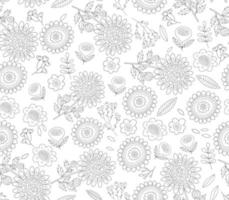 Seamless floral pattern. Vector linear hand drawing in black and white. Spring illustration with flowers and leaves in doodle style.