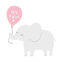 Cute elephant with a pink balloon for baby shower invitations or posters. It's a girl. Vector illustration.