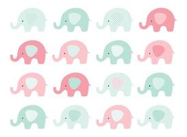 Cute baby elephant set. Vector elephants with patterned ears. Mint and Pink. Baby Shower.