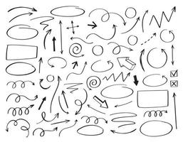 Doodle vector arrows and design elements. Hand drawn set of icons, frames, borders, arrows in cartoon style. Elements for infographics.