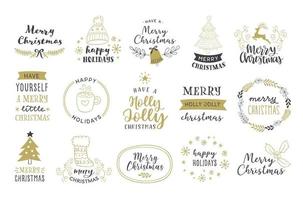 Merry Christmas. Happy Holidays. Typography set. Vector logo, emblems, text design. Designs for banners, greeting cards, gifts etc.