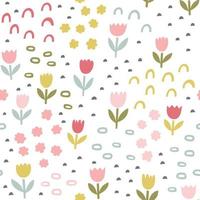 Floral vector pattern. Flowers and abstract doodle shapes seamless background. Spring pastel colors.