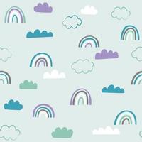 Cute sky vector pattern with rainbows and clouds. Doodle abstract seamless background.