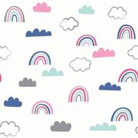 Cute doodle vector pattern with rainbows and clouds. Sky seamless background with hand drawn weather icons.