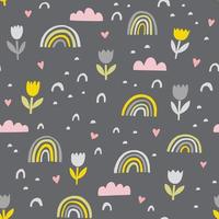 Hand drawn cute abstract pattern. Rainbow, flower, clouds doodle vector seamless background. Design for fabric.