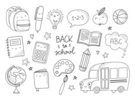 Cute school objects, icons set. Coloring page, activity sheet with cartoon characters of school, education and art supplies items with happy faces. Back to School doodles. vector