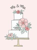 Wedding cake illustration with phrase Mr and Mrs. Vector drawing for invitations and greeting cards. Romantic floral cake.