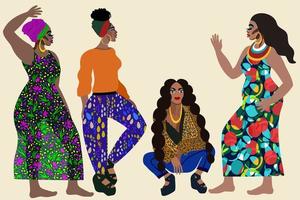 ilustración vectorial con cuatro jóvenes mujeres africanas atractivas. vector