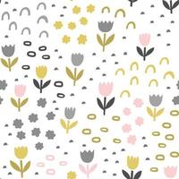 Floral cute abstract pattern. Flowers and abstract shapes doodle vector seamless background. Scandinavian style.