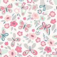 Vector seamless pattern with butterflies and flowers. Floral cute spring background. Retro vintage pastel colors.