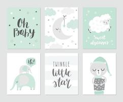 Set of cute baby vector illustations for nursery or baby shower. Moon, clouds, stars, elephants, sheep, sleeping bear and modern calligraphy phrases - twinkle little star and oh, baby.