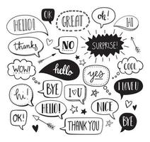 Hand drawn set of speech bubbles with dialog words - Hello, Love, Bye, Hi, Thank you, Sale, Yes, No, I love you, Nice, Cool. Vector doodle illustration.