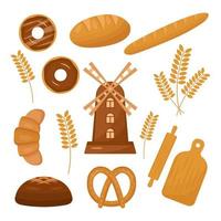 Bakery vector illustration set of bread, baguette, bretzel, wheat, croissant, bagel, donut with chocolate, windmill, cutting board, rolling pin.