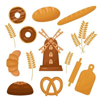 Bakery vector illustration set of bread, baguette, bretzel, wheat, croissant, bagel, donut with chocolate, windmill, cutting board, rolling pin.