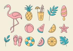 Set of simple outline cute summer elements. Flamingo, watermelon, pineapple, lemon, cocktail, ice cream, slippers. vector
