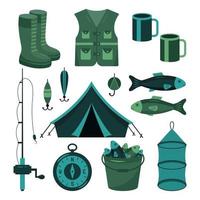 Fishing collection of hooks, rod, net, bucket, cup, shoes, vest, boots, tent and compass. vector
