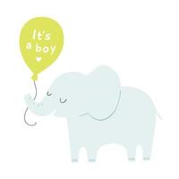 Baby shower it's a boy poster or invitation. Elephant with a green balloon. Cute vector illustration.