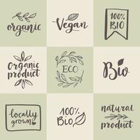 Set of organic, eco, bio, natural, gluten free, vegan food labels and vector design elements. Hand drawn healthy food logo templates.