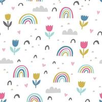 Hand drawn cute abstract pattern. Rainbow, flower, clouds doodle vector seamless background. Design for fabric in bright colors.