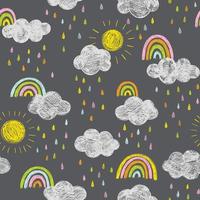 Cute doodle vector pattern with rainbows and clouds. Sky seamless background with hand drawn weather icons. Chalkboard style.