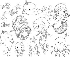 Cute mermaid coloring page in black and white. Little mermaid, sea creatures and other under the sea elements. Vector illustration collection