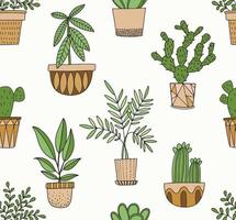 Plants in pots vector pattern in doodle  style. Succulents, cacti and other house plants in geometric pots. Seamless background.