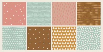 Hand drawn vector abstract doodle patterns in pink, mustard, brown. Seamless geometric backgrounds. Ink doodles. Stripes, dots, triangles, brush strokes.