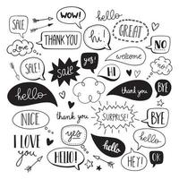 Hand drawn vector speech bubbles with hi, hello, thank you and many more  in doodle style with cute arrows, hearts and stars.