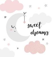 Cute moon with a heart, stars and clouds vector illustration. Baby nursery poster in scandinavian style. Sleeping moon character. Sweet dreams.