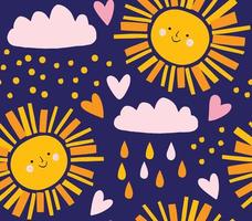 Cute sky pattern. Sun, clouds and raindrops vector background. Yellow smiling character and pink and orange geometric shapes on navy background.