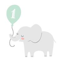 lindo elefante sosteniendo un globo con el número uno en él. ilustración para la primera tarjeta de cumpleaños o invitación a una fiesta. vector