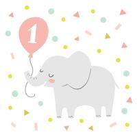 First birthday greeting card or party invitation with a cute vetor elephant illustration. Elephant holding a balloon on a background of colorful confetti. vector