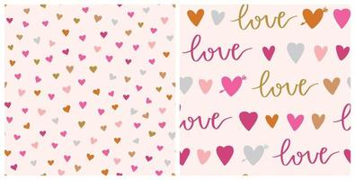 Set of Valentines day vector patterns. Seamless heart pattern and love phrase. Hand drawn abstract vector background.