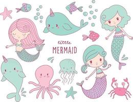 Vector illustration of cute mermaid with colorful hair and other under the sea elements. Magical mermaid, fishes, sea animals and starfish, vector illustration collection