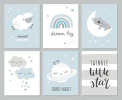Set of cute baby shower cards including moon, clouds, star, koala bear, she and modern calligraphy phrases -dream big, twinkle little star. Vector illustrations for invitations, greeting cards, poster